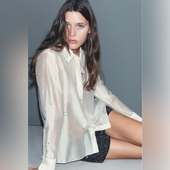 Zara Other - NWT!! Zara Oyster White Ecru Semi Sheer Shirt Blouse With Jewels Size L